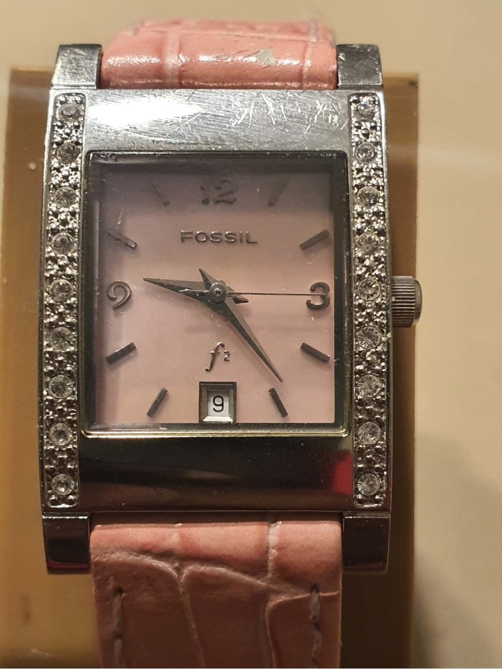 FOSSIL Rhinestone Studded Leather Stainless Steel Water Resistant Watch